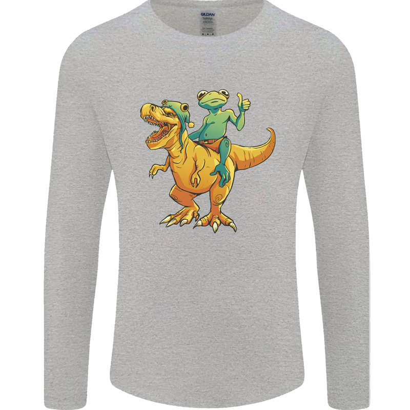 T-Rex and a Frog Dinosaur Mens Long Sleeve T-Shirt Sports Grey