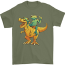 T-Rex and a Frog Dinosaur Mens T-Shirt 100% Cotton Military Green