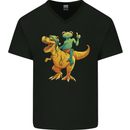 T-Rex and a Frog Dinosaur Mens V-Neck Cotton T-Shirt Black