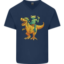 T-Rex and a Frog Dinosaur Mens V-Neck Cotton T-Shirt Navy Blue