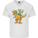 T-Rex and a Frog Dinosaur Mens V-Neck Cotton T-Shirt White