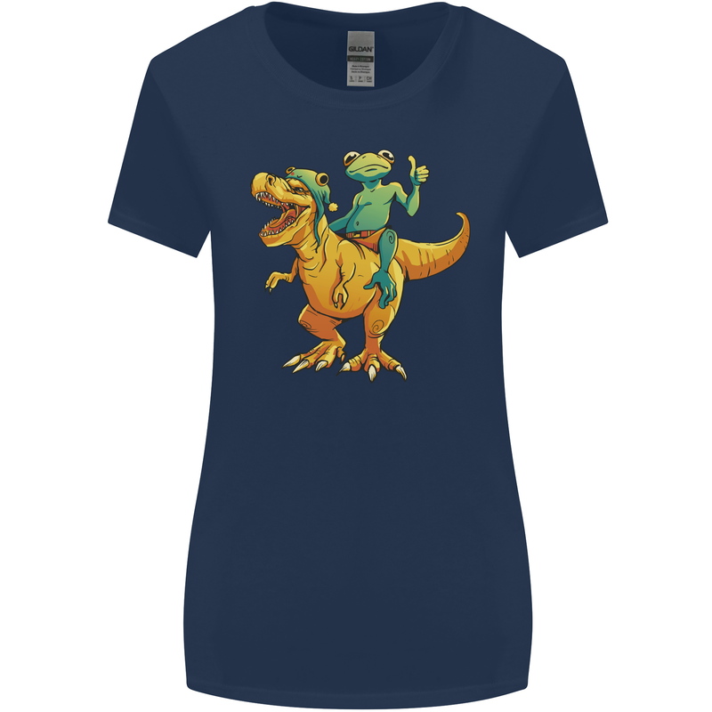 T-Rex and a Frog Dinosaur Womens Wider Cut T-Shirt Navy Blue