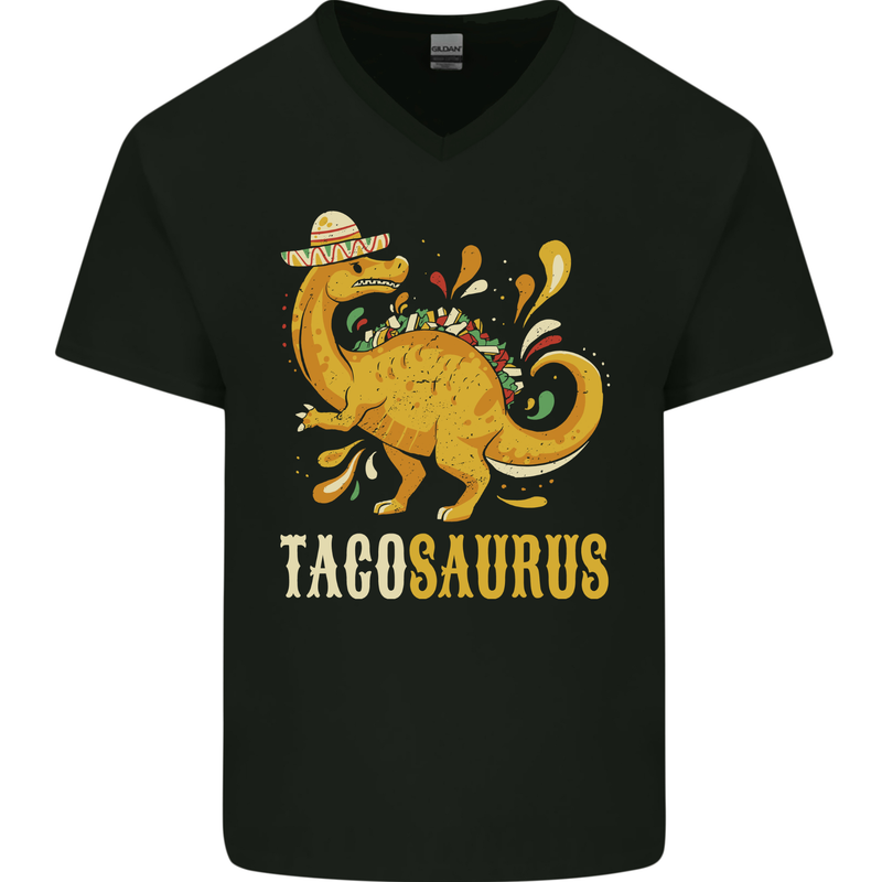 Tacosaurus Funny Mexican Taco Dinosaur Mens V-Neck Cotton T-Shirt Black