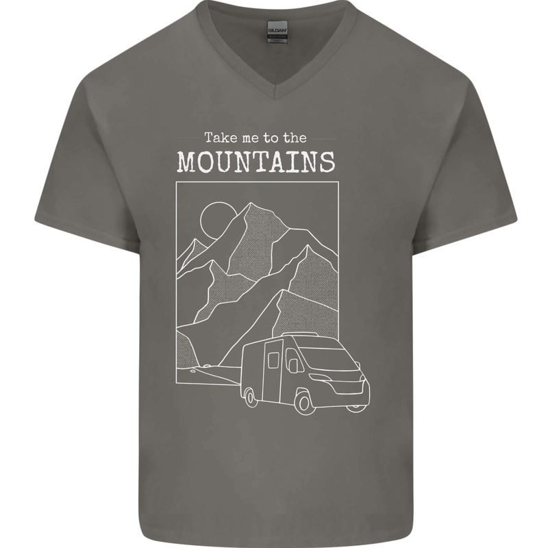 Take Me To Mountains RV Camper Caravan Mens V-Neck Cotton T-Shirt Charcoal