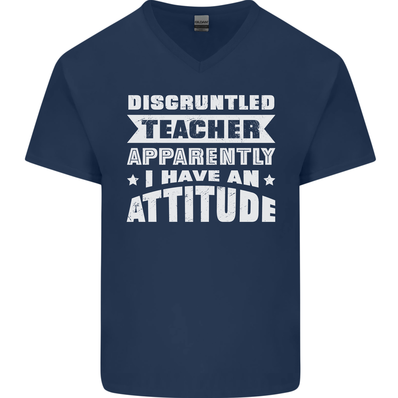 Teacher Attitude Funny Teaching Maths English Mens V-Neck Cotton T-Shirt Navy Blue