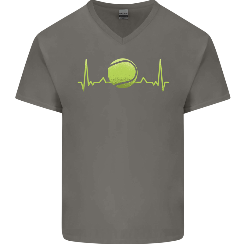 Tennis Player ECG Pulse Mens V-Neck Cotton T-Shirt Charcoal