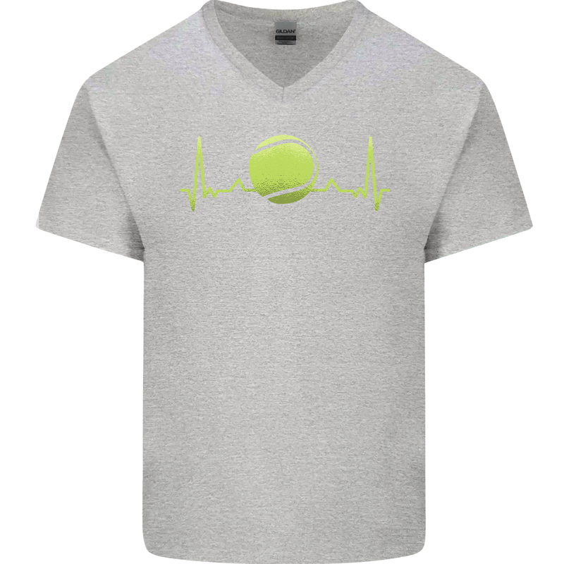 Tennis Player ECG Pulse Mens V-Neck Cotton T-Shirt Sports Grey
