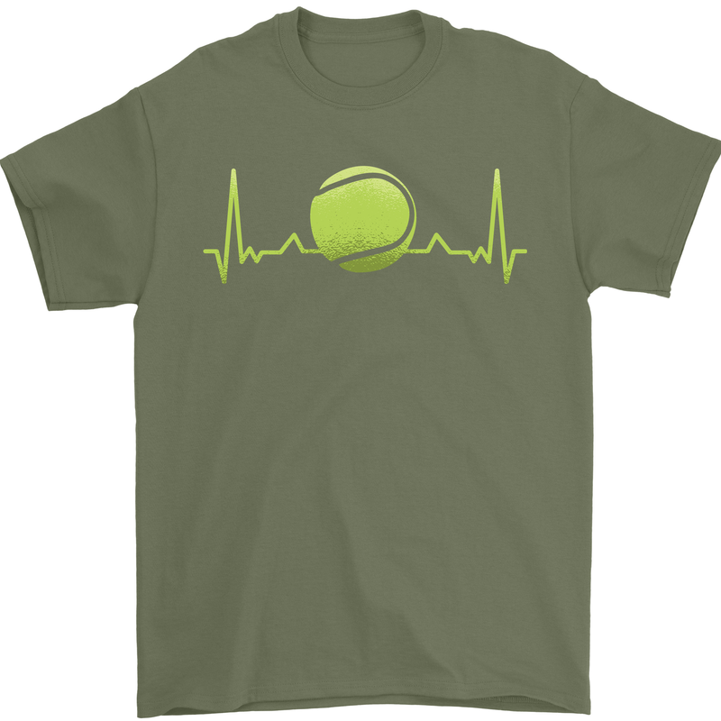 Tennis Player Pulse ECG Mens T-Shirt 100% Cotton Military Green