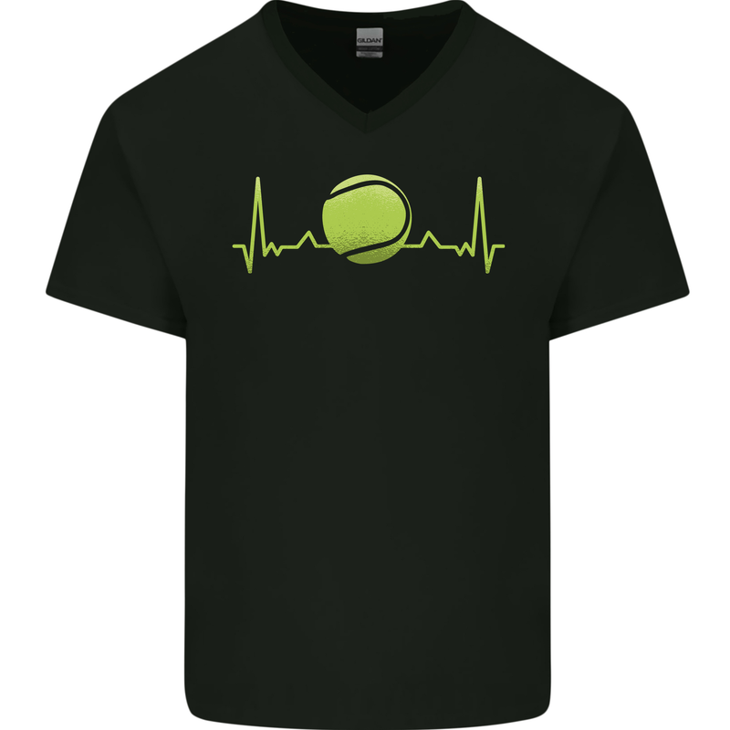Tennis Player Pulse ECG Mens V-Neck Cotton T-Shirt Black