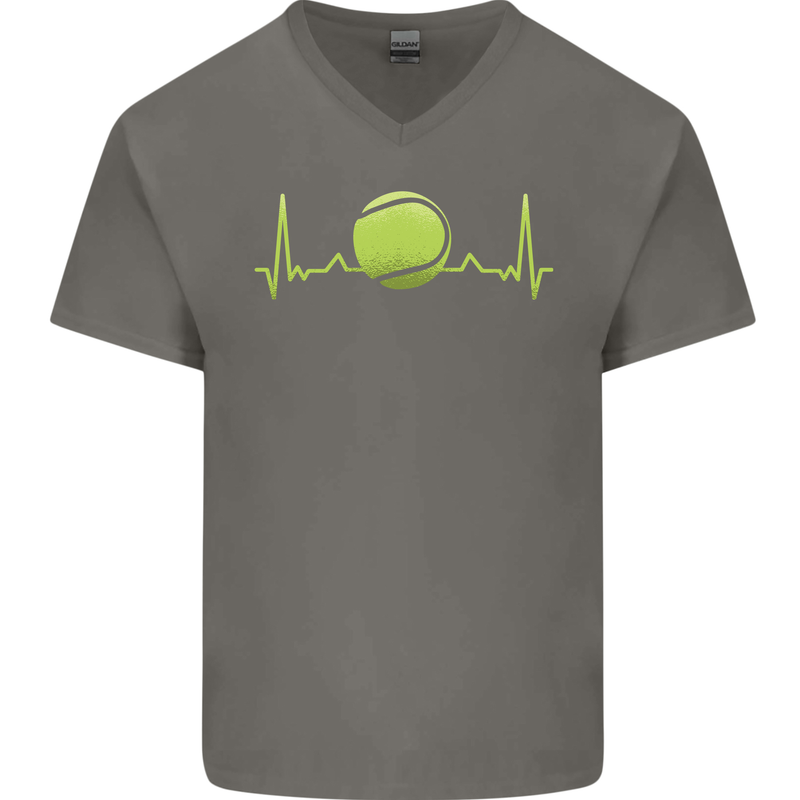 Tennis Player Pulse ECG Mens V-Neck Cotton T-Shirt Charcoal