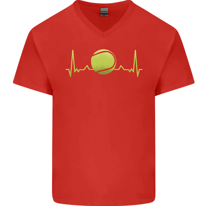 Tennis Player Pulse ECG Mens V-Neck Cotton T-Shirt Red