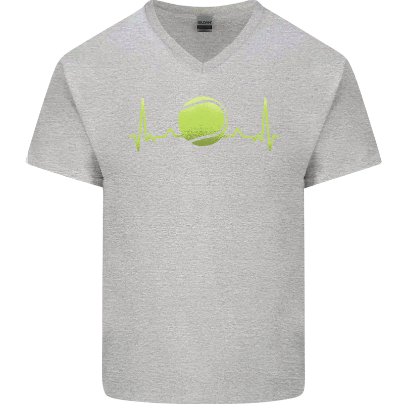 Tennis Player Pulse ECG Mens V-Neck Cotton T-Shirt Sports Grey