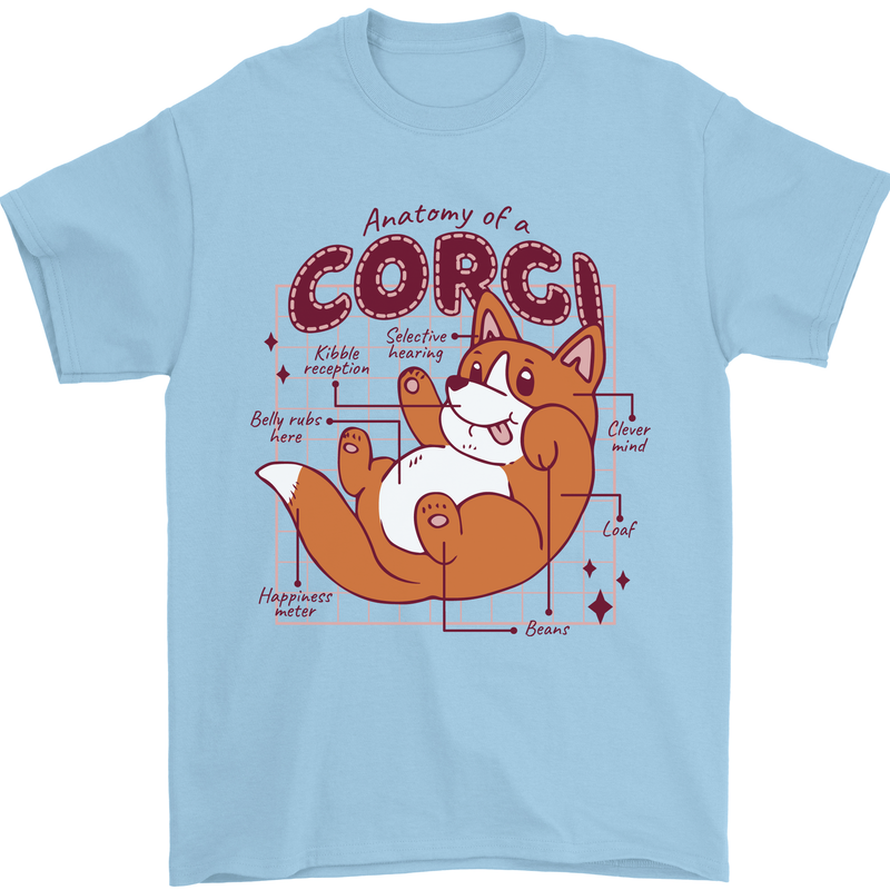 The Anatomy of a Corgi Dog Mens T-Shirt 100% Cotton Light Blue