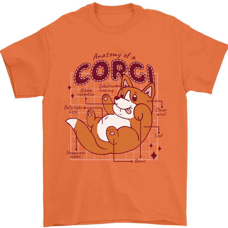 The Anatomy of a Corgi Dog Mens T-Shirt 100% Cotton Orange