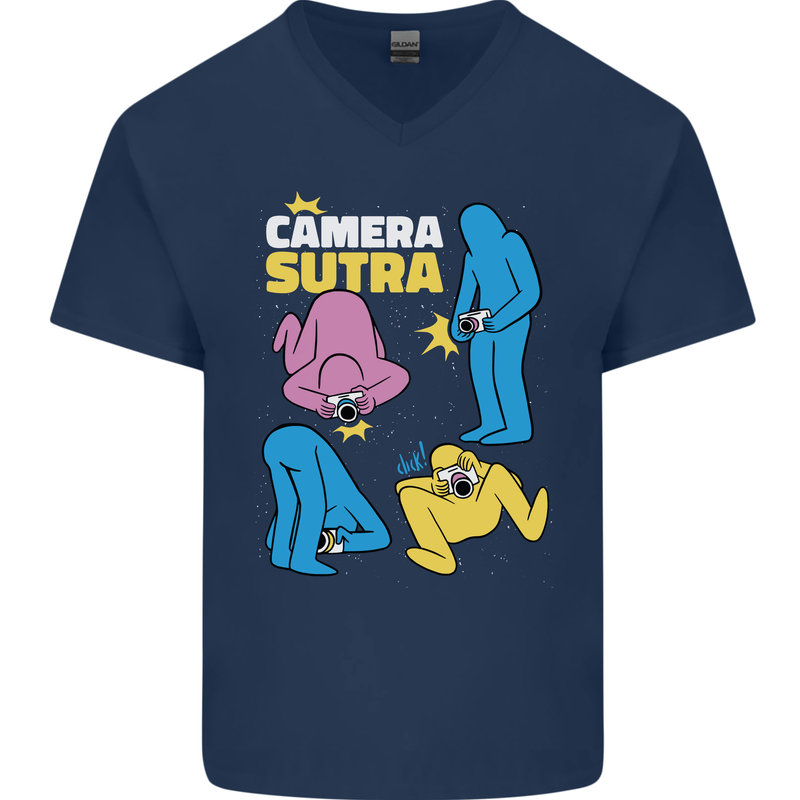The Camera Sutra Funny Photography Photographer Mens V-Neck Cotton T-Shirt Navy Blue