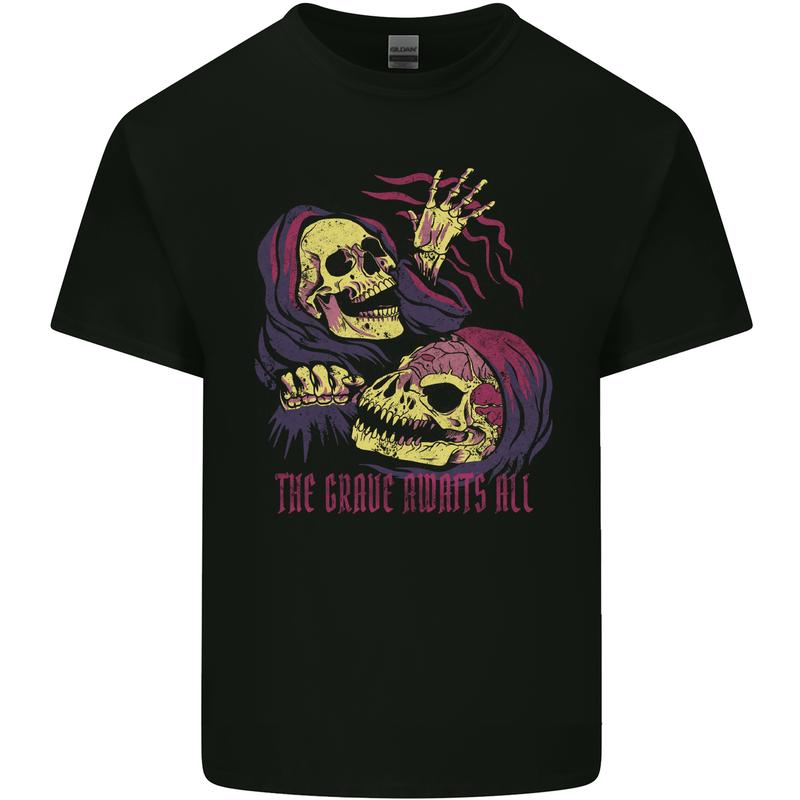 The Grave Awaits All Grim Reaper Skulls Kids T-Shirt Childrens Black