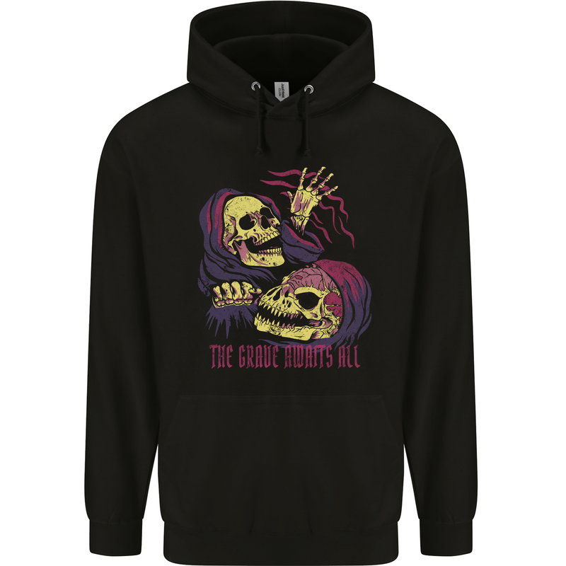 The Grave Awaits All Grim Reaper Skulls Mens 80% Cotton Hoodie Black