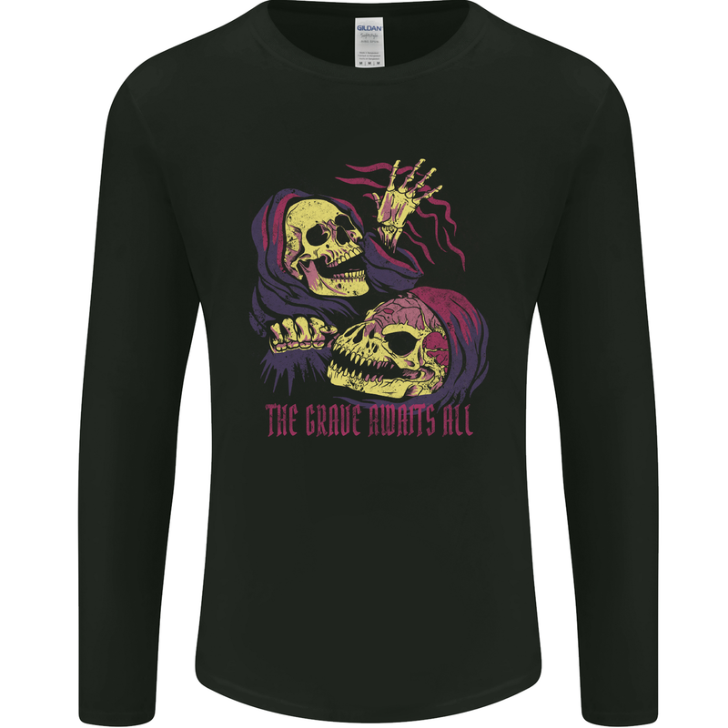 The Grave Awaits All Grim Reaper Skulls Mens Long Sleeve T-Shirt Black