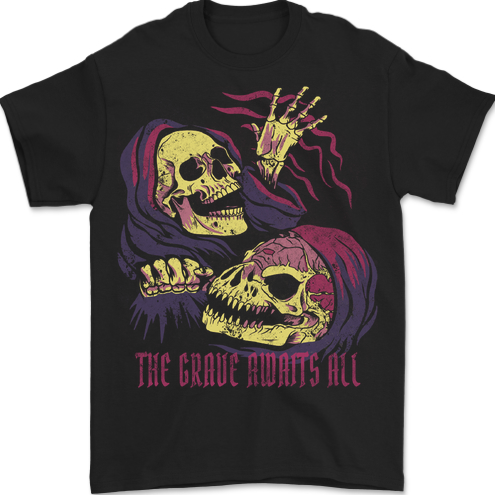 The Grave Awaits All Grim Reaper Skulls Mens T-Shirt 100% Cotton BLACK