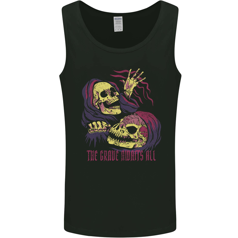 The Grave Awaits All Grim Reaper Skulls Mens Vest Tank Top Black