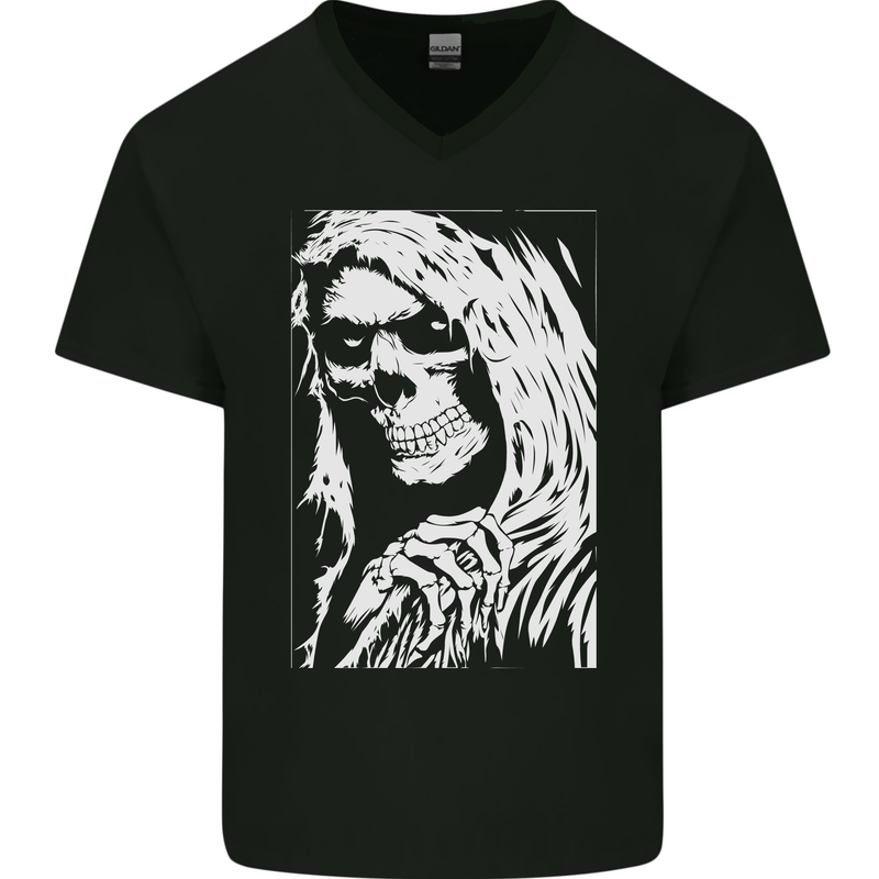 The Grim Reaper Death Skull Biker Heavy Metal Mens V-Neck Cotton T-Shirt Black
