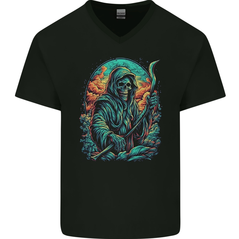 The Grim Reaper Skull Mens V-Neck Cotton T-Shirt Black