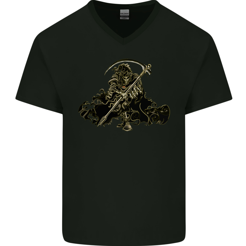 The Grim Reaper With His Sickle Mens V-Neck Cotton T-Shirt Black