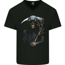 The Grim Reaper and Sythe Skull Design 1 Mens V-Neck Cotton T-Shirt Black