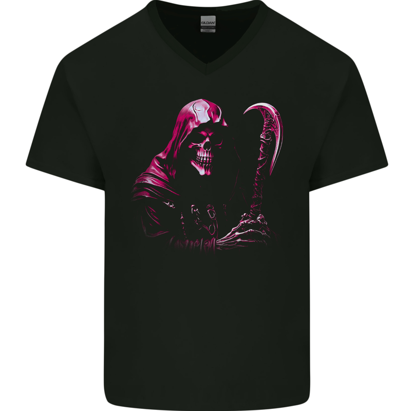 The Grim Reaper and Sythe Skull Design 3 Mens V-Neck Cotton T-Shirt Black