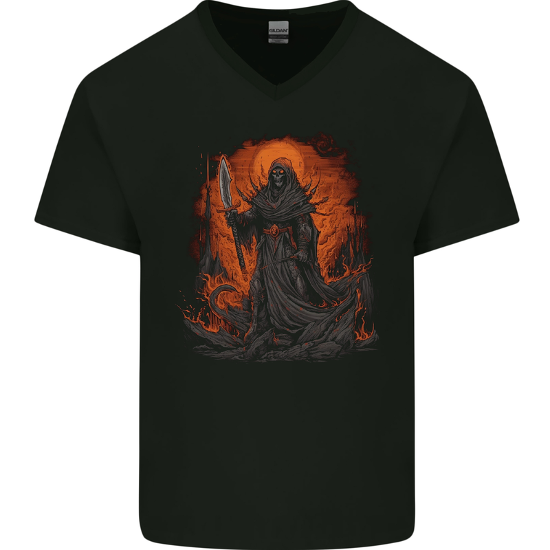 The Grim Reaper in the Depths of Hell Mens V-Neck Cotton T-Shirt Black