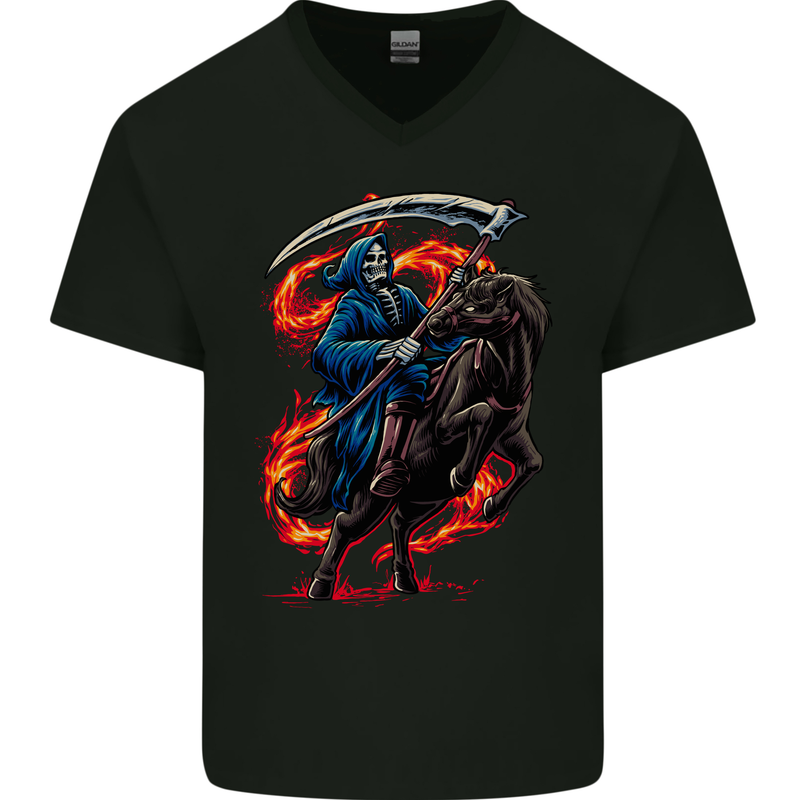 The Grim Reaper on Horseback Skull Mens V-Neck Cotton T-Shirt Black