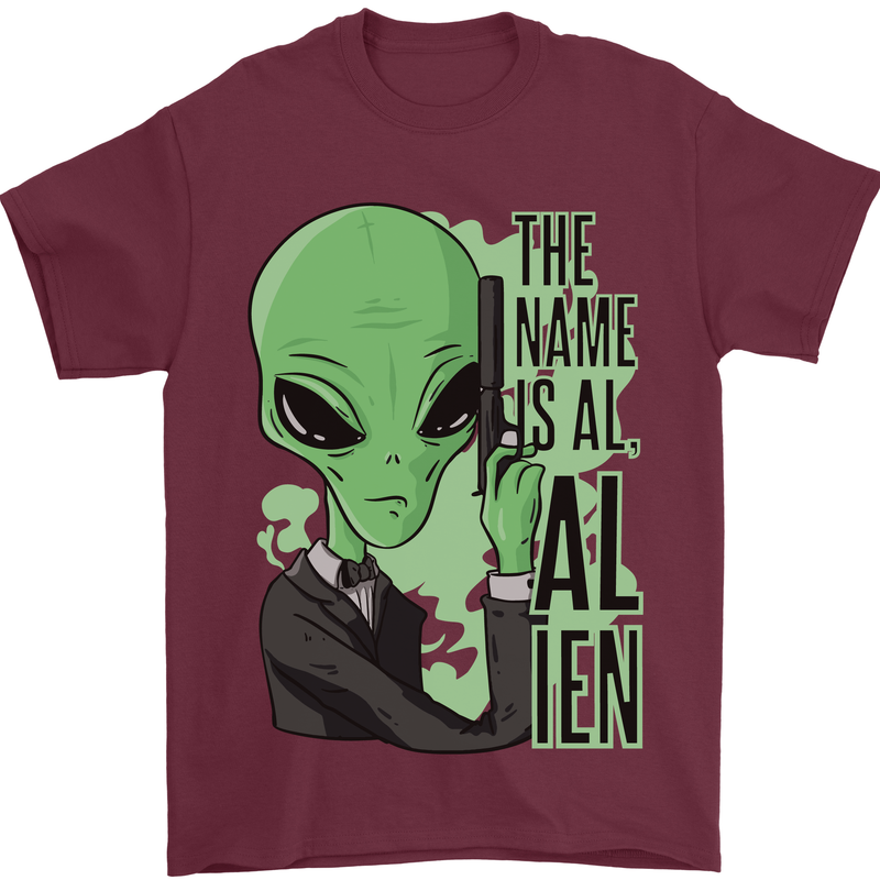 The Name is Al Alien Funny Movie Parody Mens T-Shirt 100% Cotton Maroon
