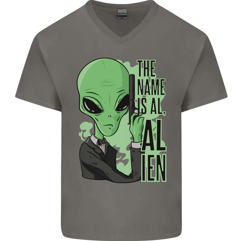 The Name is Al Alien Funny Movie Parody Mens V-Neck Cotton T-Shirt Charcoal