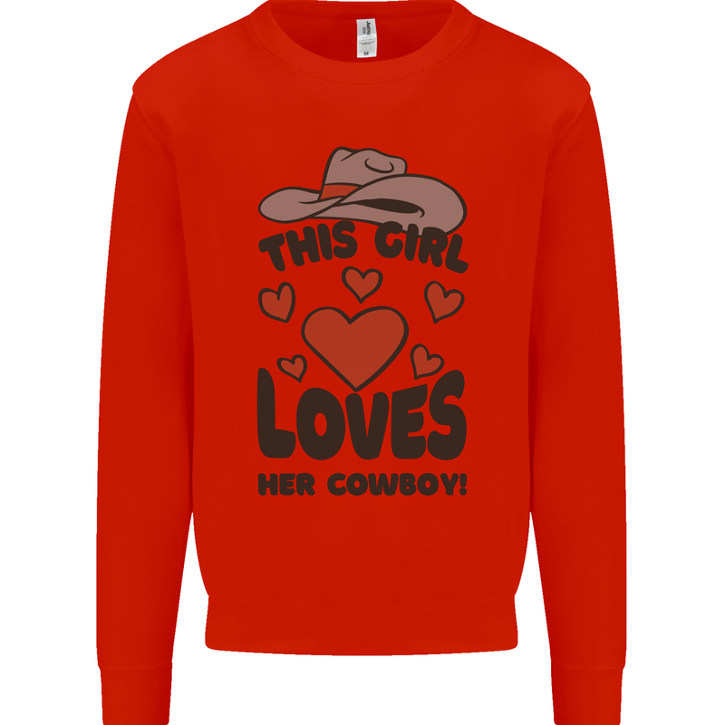 This Girl Loves Her Cowboy Kids Sweatshirt Jumper Bright Red