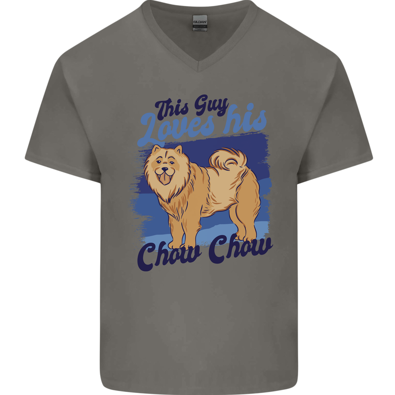 This Guy Loves His Chow Chow Dog Mens V-Neck Cotton T-Shirt Charcoal