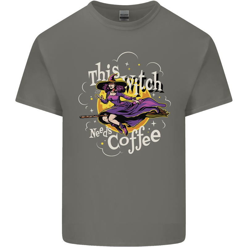 This Witch Needs Coffee Funny Halloween Kids T-Shirt Childrens Charcoal