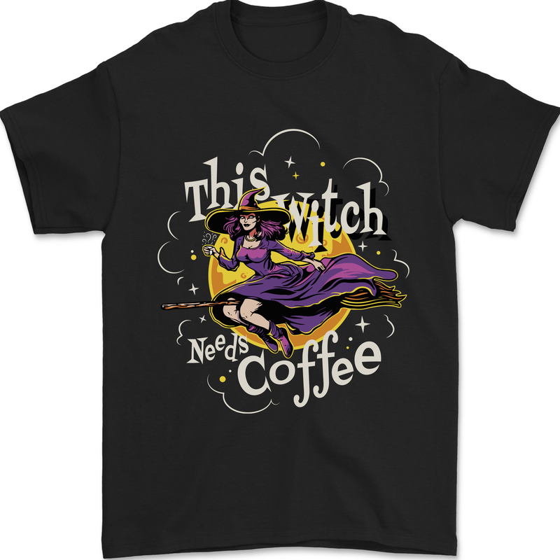 This Witch Needs Coffee Funny Halloween Mens T-Shirt 100% Cotton Black