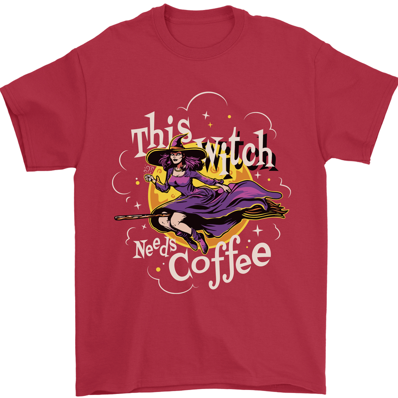 This Witch Needs Coffee Funny Halloween Mens T-Shirt 100% Cotton Red