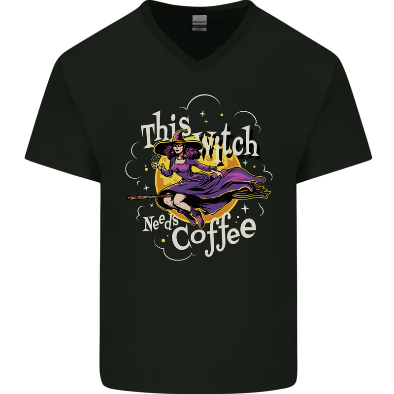 This Witch Needs Coffee Funny Halloween Mens V-Neck Cotton T-Shirt Black