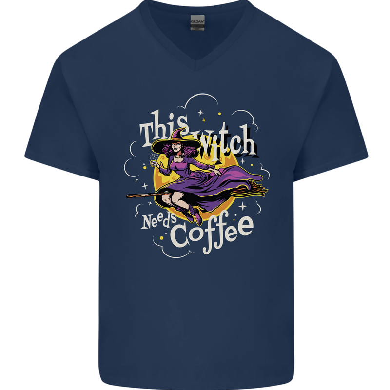 This Witch Needs Coffee Funny Halloween Mens V-Neck Cotton T-Shirt Navy Blue