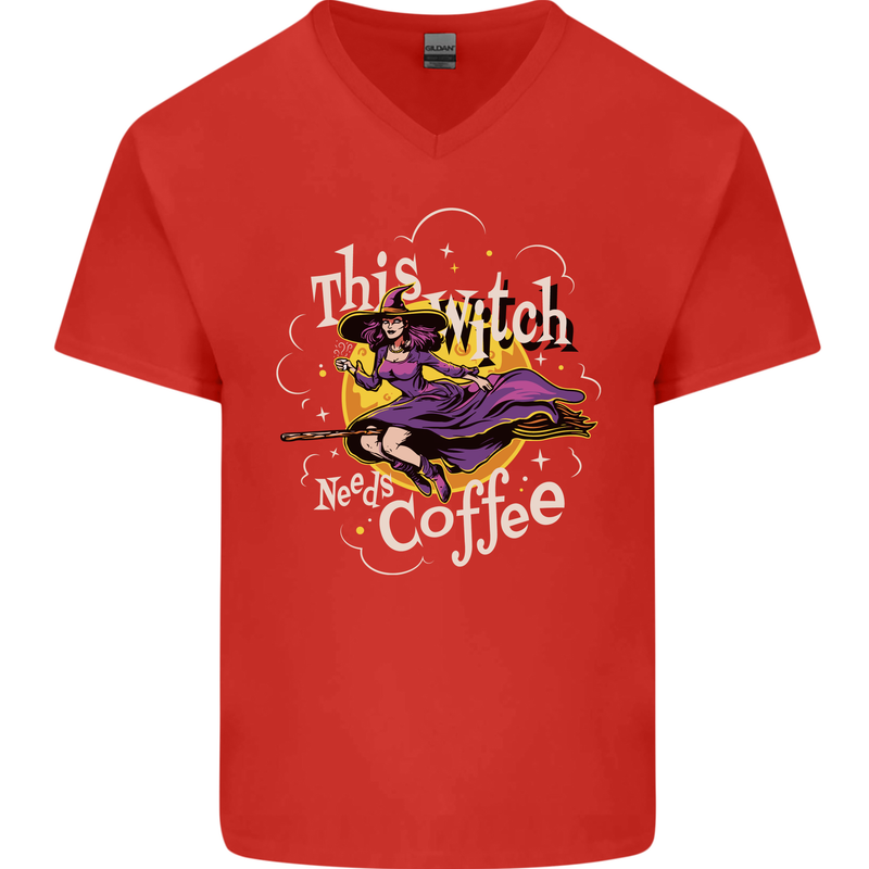 This Witch Needs Coffee Funny Halloween Mens V-Neck Cotton T-Shirt Red