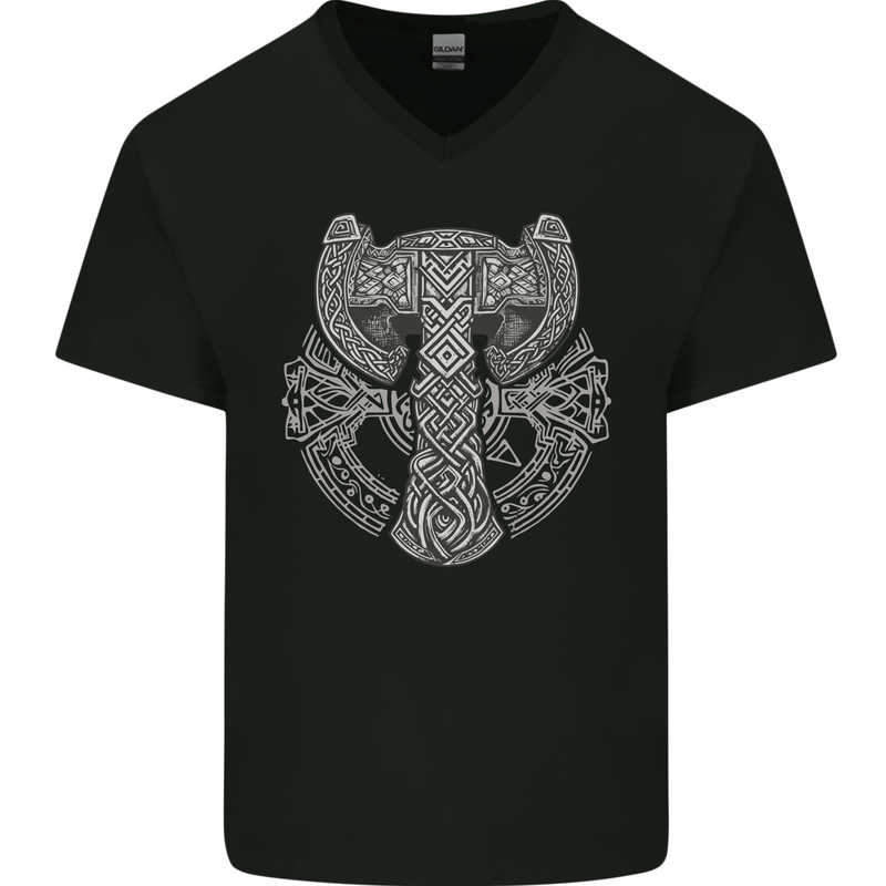 Thor Hammer Viking Symbols Odin Valhalla Mens V-Neck Cotton T-Shirt Black