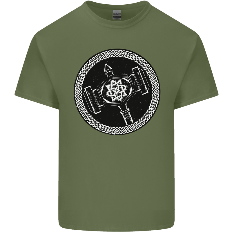 Thor Hammer in a Viking Circle Black Print Mens Cotton T-Shirt Tee Top Military Green