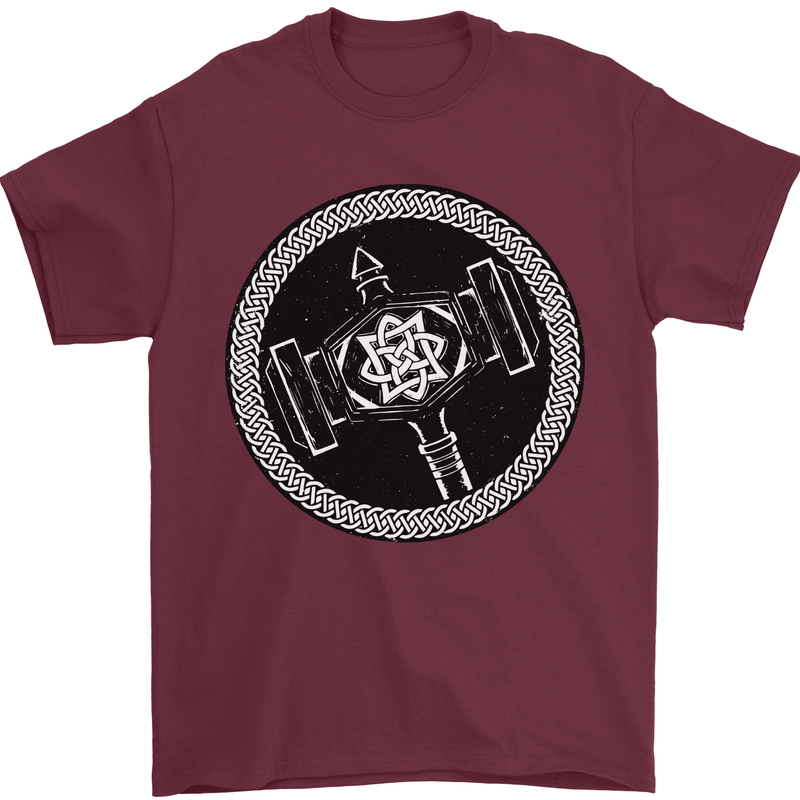 Thor Hammer in a Viking Circle Black Print Mens T-Shirt 100% Cotton Maroon
