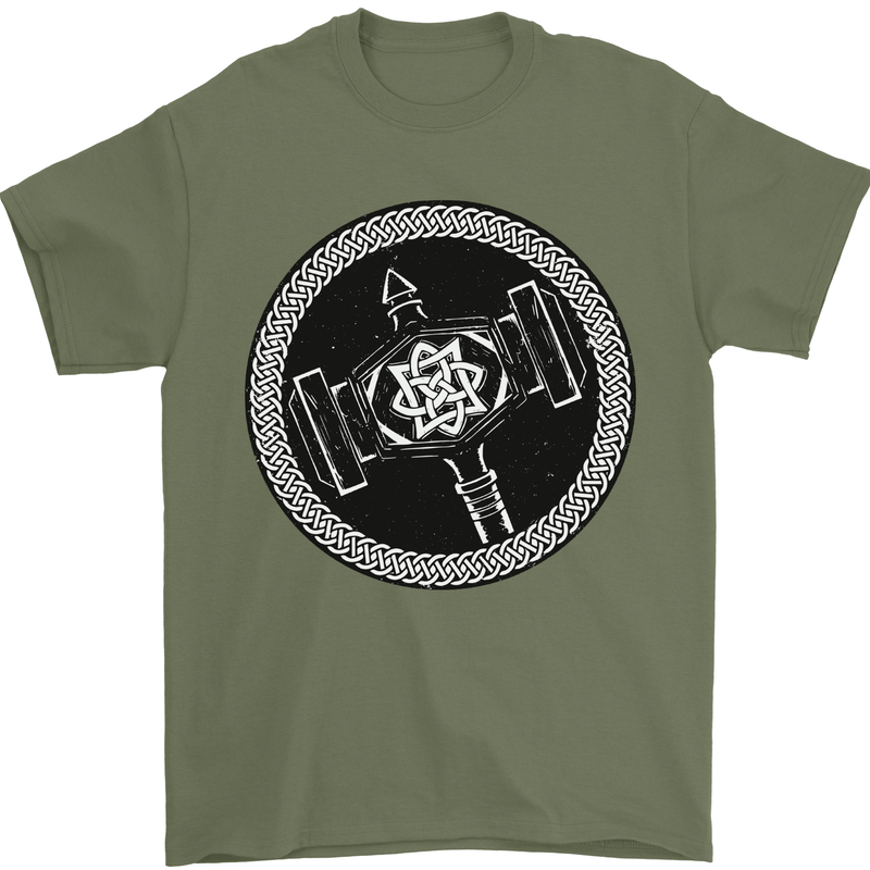 Thor Hammer in a Viking Circle Black Print Mens T-Shirt 100% Cotton Military Green
