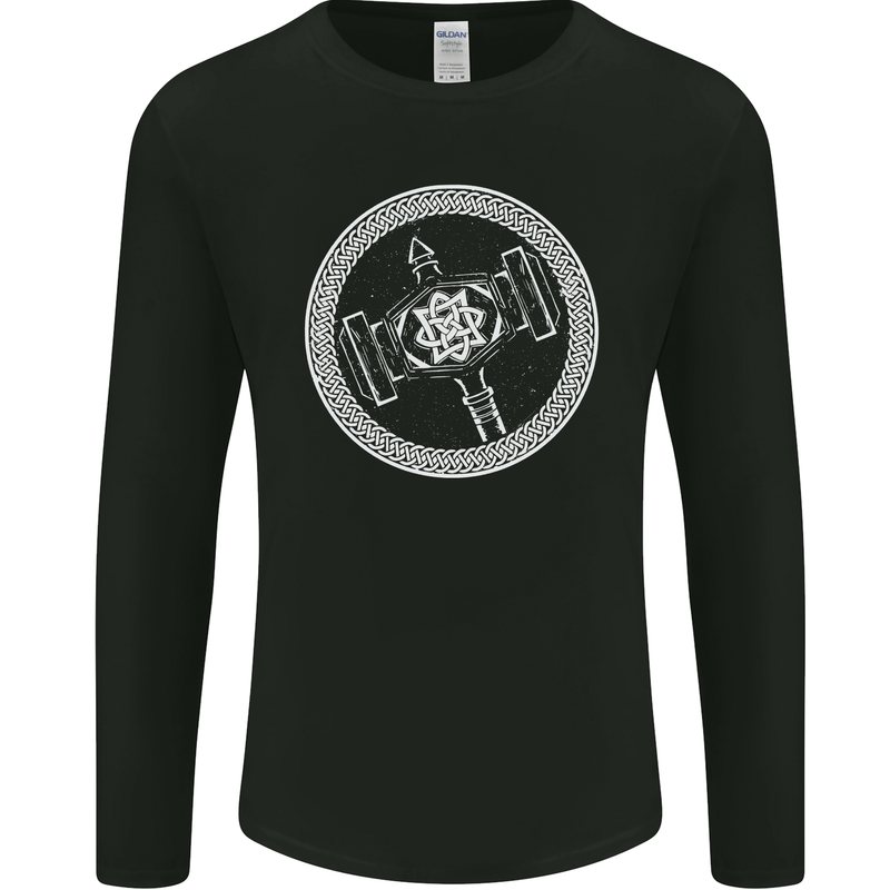 Thor Hammer in a Viking Circle White Print Mens Long Sleeve T-Shirt Black