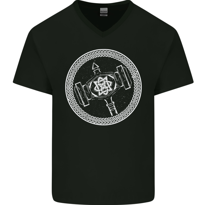 Thor Hammer in a Viking Circle White Print Mens V-Neck Cotton T-Shirt Black