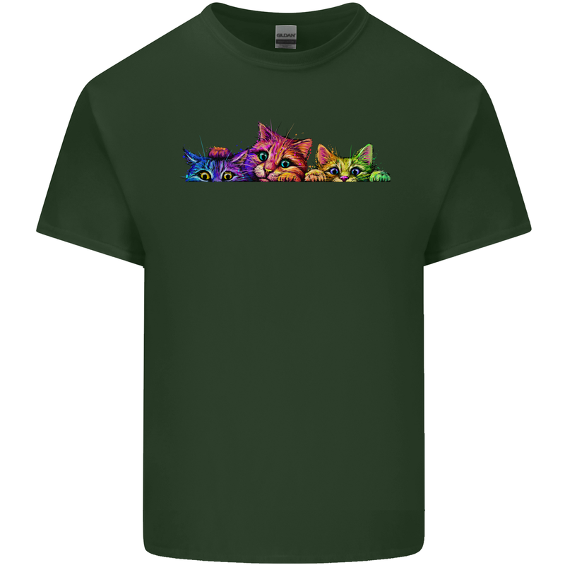 Three Colourful Cats Mens Cotton T-Shirt Tee Top Forest Green