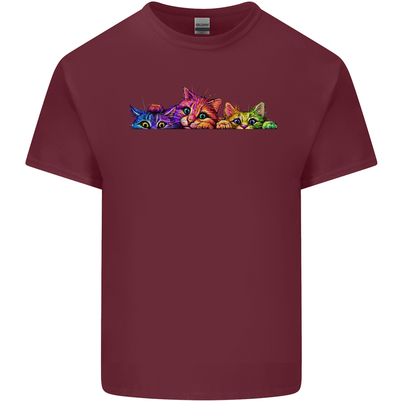 Three Colourful Cats Mens Cotton T-Shirt Tee Top Maroon