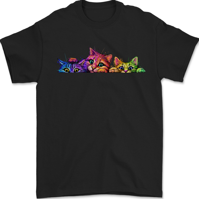 Three Colourful Cats Mens T-Shirt 100% Cotton Black